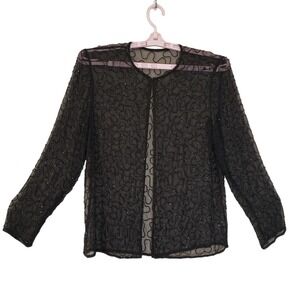 Black Silk Hand Beaded Size Medium Glass Bead Long Sleeve Open Front Cardigan *